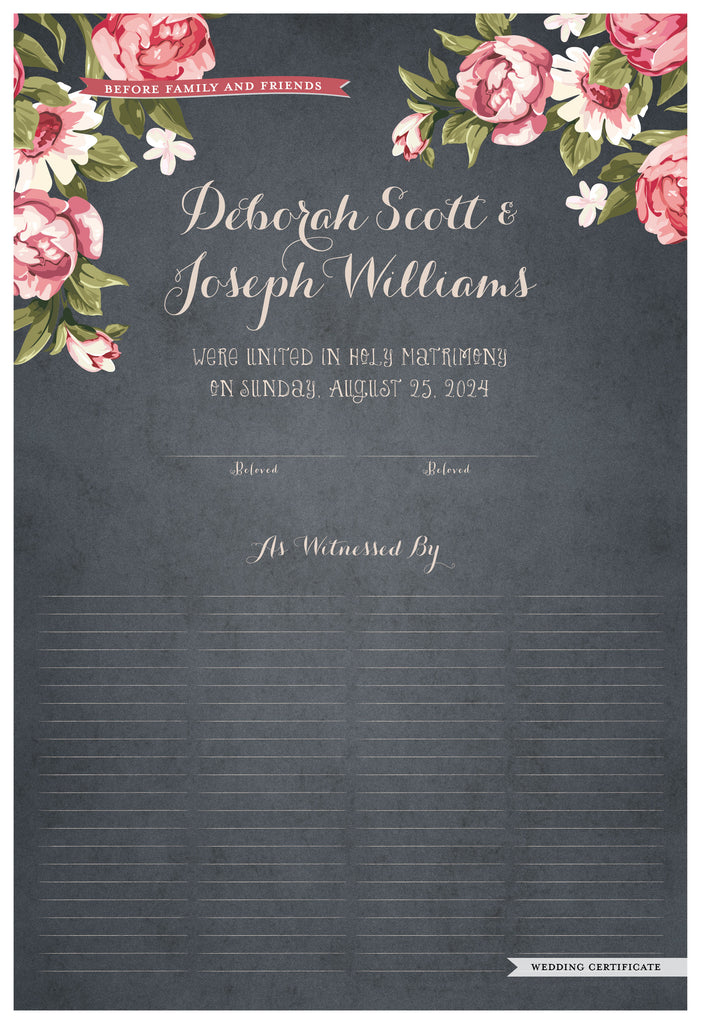 Quaker Marriage Certificate - Blooming Peonies (parchment slate blue)