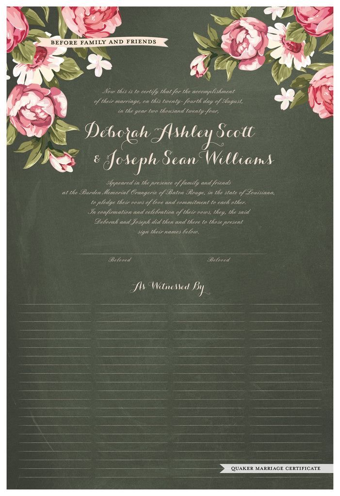 Quaker Marriage Certificate - Blooming Peonies (chalkboard moss)