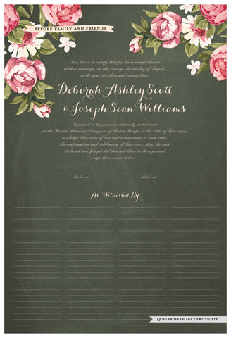 Quaker Marriage Certificate - Blooming Peonies (chalkboard moss)