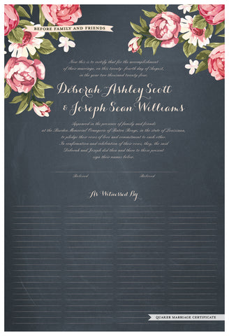 Quaker Marriage Certificate - Blooming Peonies (chalkboard slate blue)