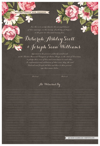 Quaker Marriage Certificate - Blooming Peonies (parchment charcoal)