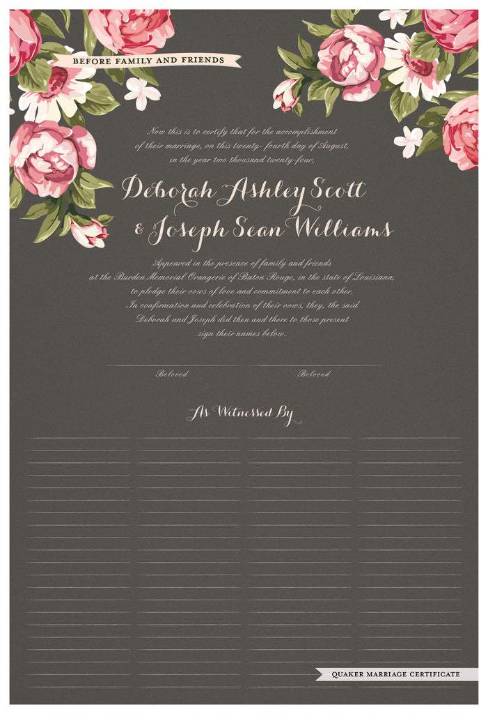 Quaker Marriage Certificate - Blooming Peonies (charcoal)