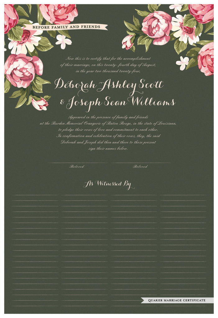 Quaker Marriage Certificate - Blooming Peonies (moss)