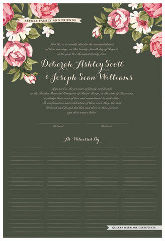 Quaker Marriage Certificate - Blooming Peonies (moss)