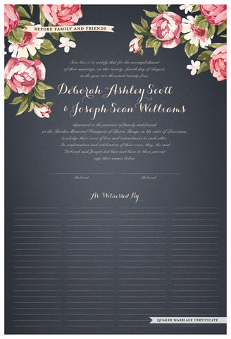 Quaker Marriage Certificate - Blooming Peonies (slate blue)