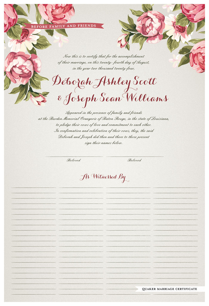 Quaker Marriage Certificate - Blooming Peonies (ascot gray)