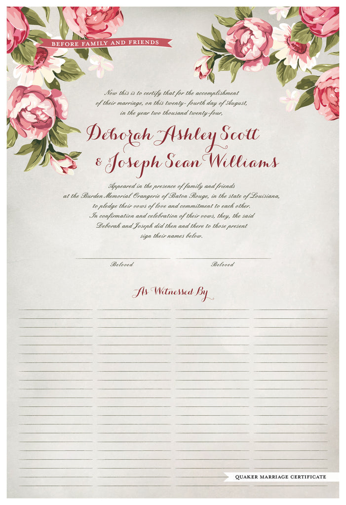 Quaker Marriage Certificate - Blooming Peonies (watercolor ascot gray)