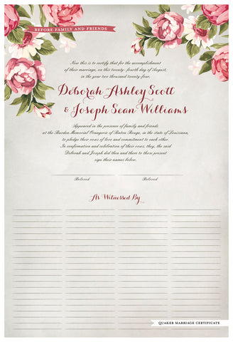 Quaker Marriage Certificate - Blooming Peonies (watercolor ascot gray)