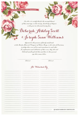 Quaker Marriage Certificate - Blooming Peonies (eggshell)
