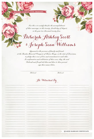 Quaker Marriage Certificate - Blooming Peonies (watercolor eggshell)