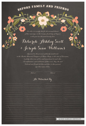 Quaker Marriage Certificate - Flower Garland (chalkboard charcoal)