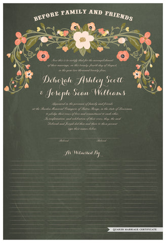 Quaker Marriage Certificate - Flower Garland (chalkboard moss)