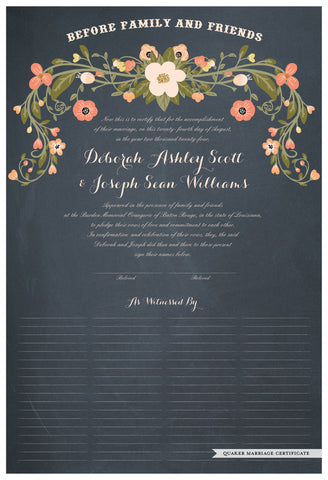 Quaker Marriage Certificate - Flower Garland (chalkboard slate blue)