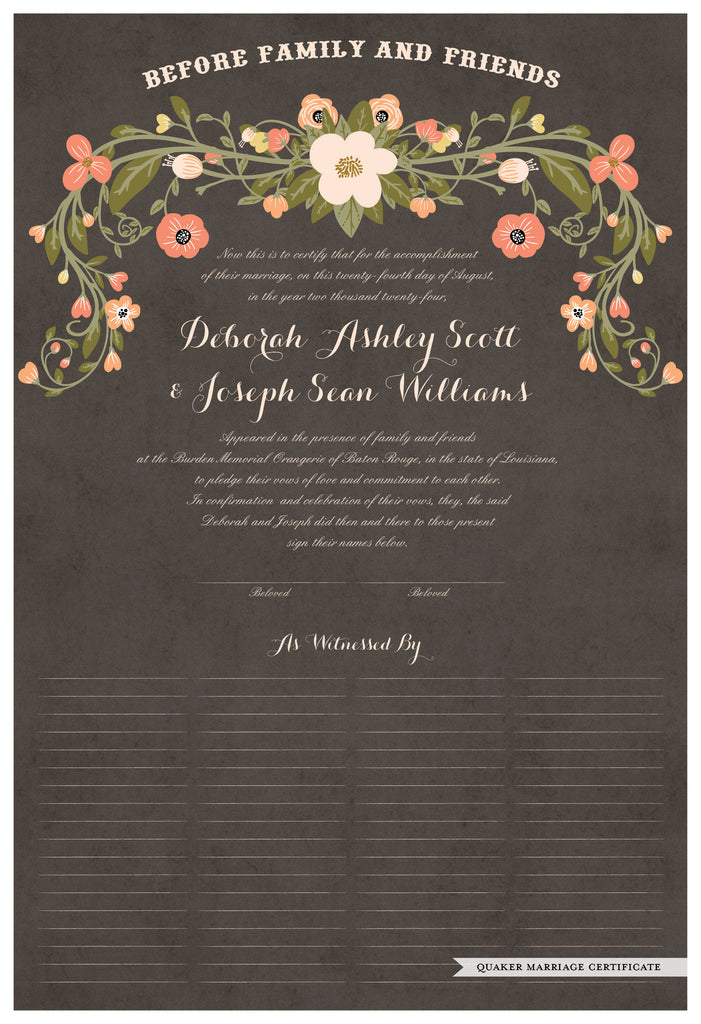 Quaker Marriage Certificate - Flower Garland (parchment charcoal)
