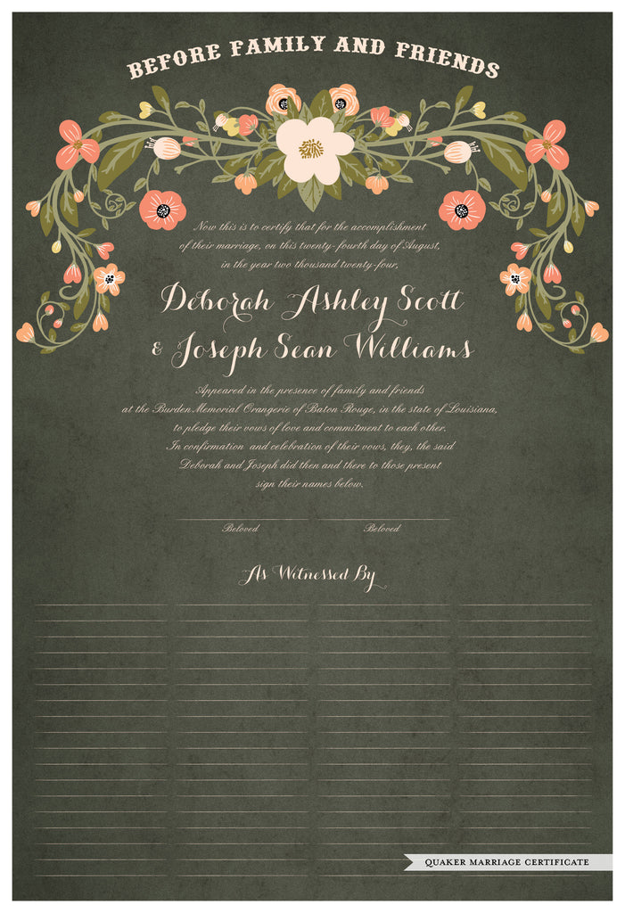 Quaker Marriage Certificate - Flower Garland (parchment moss)