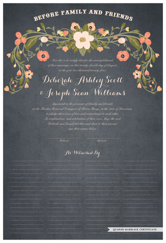 Quaker Marriage Certificate - Flower Garland (parchment slate blue)