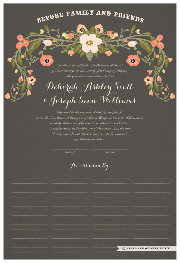 Quaker Marriage Certificate - Flower Garland (charcoal)