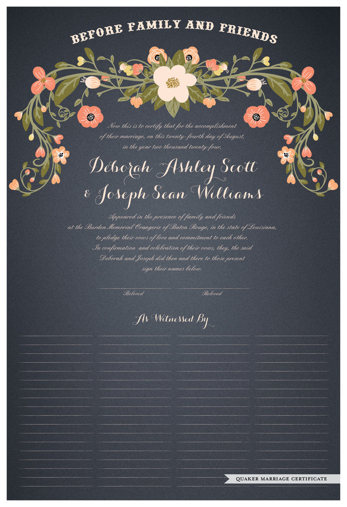 Quaker Marriage Certificate - Flower Garland (slate blue)