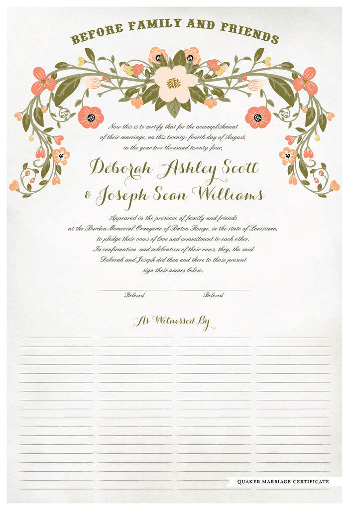 Quaker Marriage Certificate - Flower Garland (watercolor eggshell)