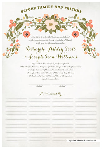 Quaker Marriage Certificate - Flower Garland (watercolor eggshell)