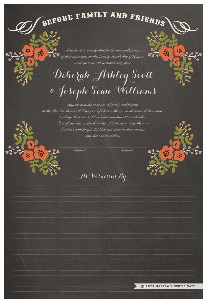 Quaker Marriage Certificate - Folk Garland (chalkboard charcoal/red flowers)