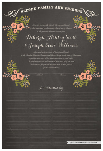 Quaker Marriage Certificate - Folk Garland (chalkboard charcoal/tea pink flowers)