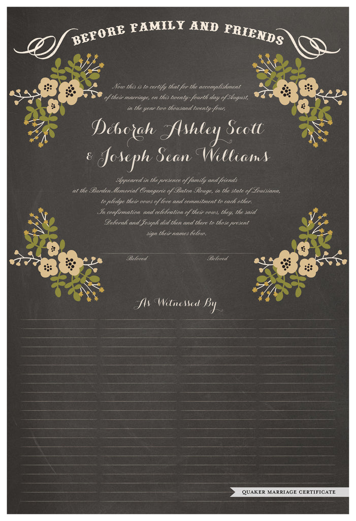 Quaker Marriage Certificate - Folk Garland (chalkboard charcoal/vanilla flowers)