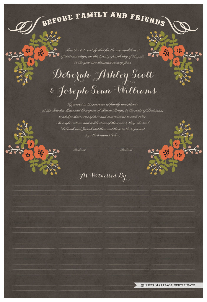 Quaker Marriage Certificate - Folk Garland (parchment charcoal/red flowers)