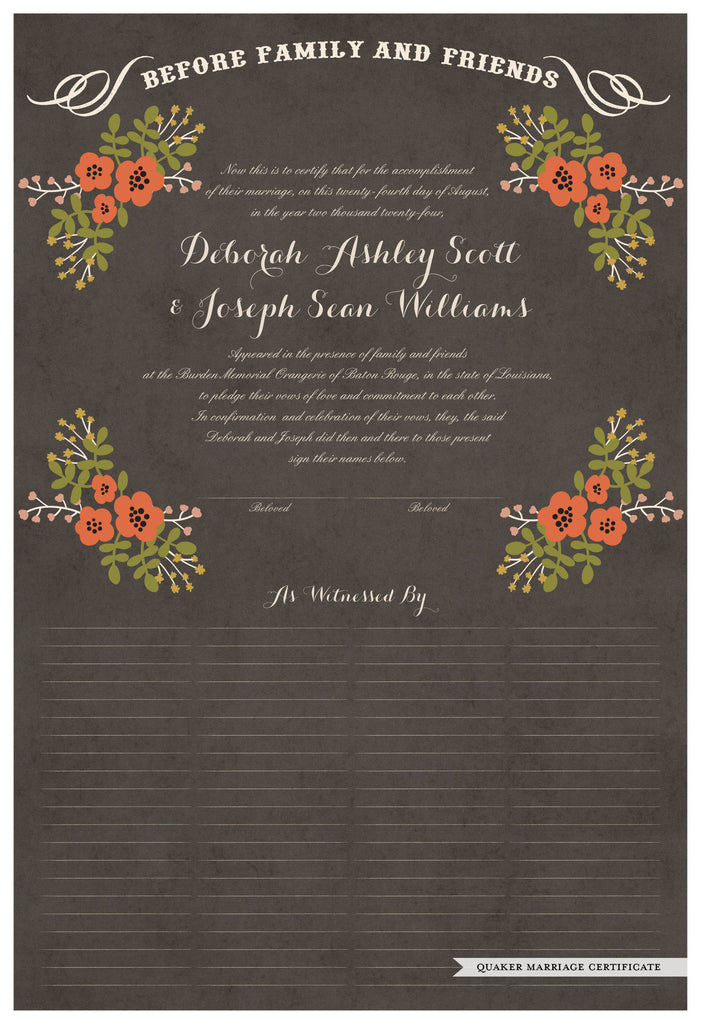Quaker Marriage Certificate - Folk Garland (parchment charcoal/red flowers)