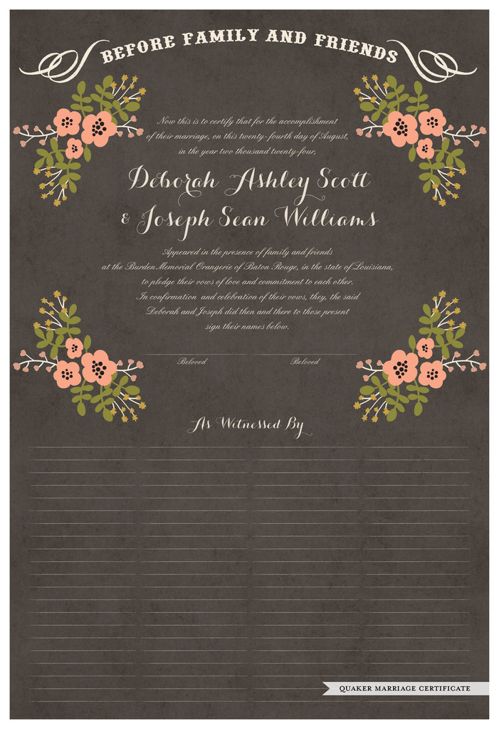 Quaker Marriage Certificate - Folk Garland (parchment charcoal/tea pink flowers)