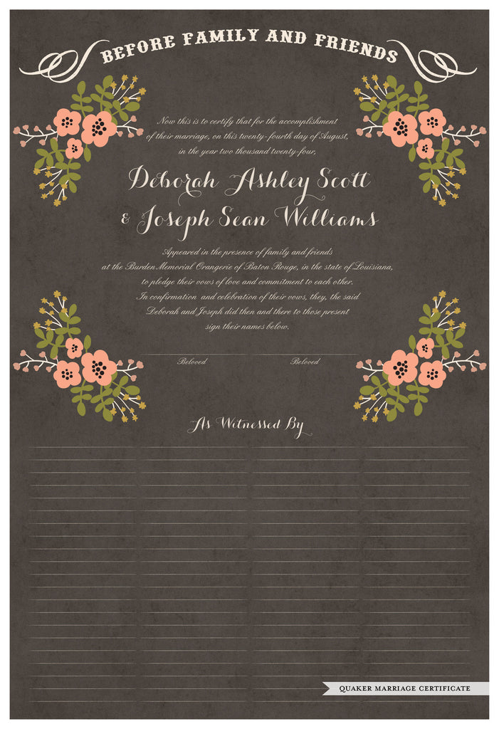 Quaker Marriage Certificate - Folk Garland (parchment charcoal/tea pink flowers)