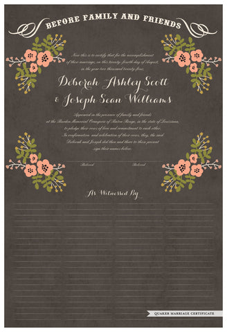 Quaker Marriage Certificate - Folk Garland (parchment charcoal/tea pink flowers)