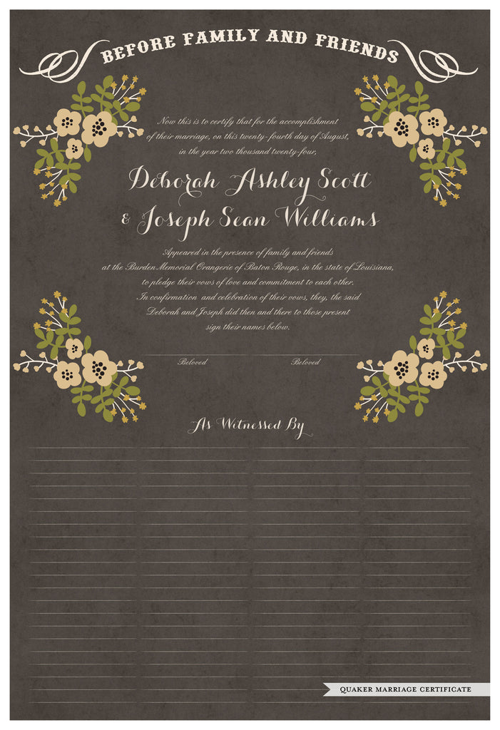 Quaker Marriage Certificate - Folk Garland (parchment charcoal/vanilla flowers)