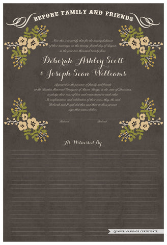 Quaker Marriage Certificate - Folk Garland (parchment charcoal/vanilla flowers)