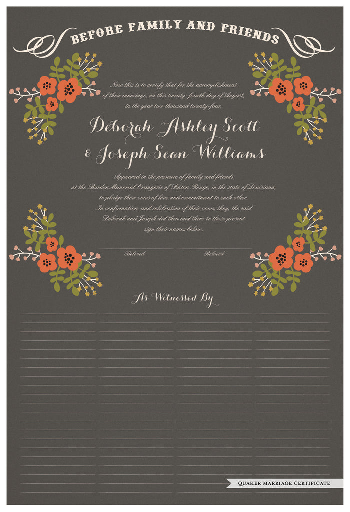 Quaker Marriage Certificate - Folk Garland (charcoal/red flowers)