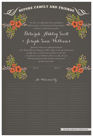 Quaker Marriage Certificate - Folk Garland (charcoal/red flowers)