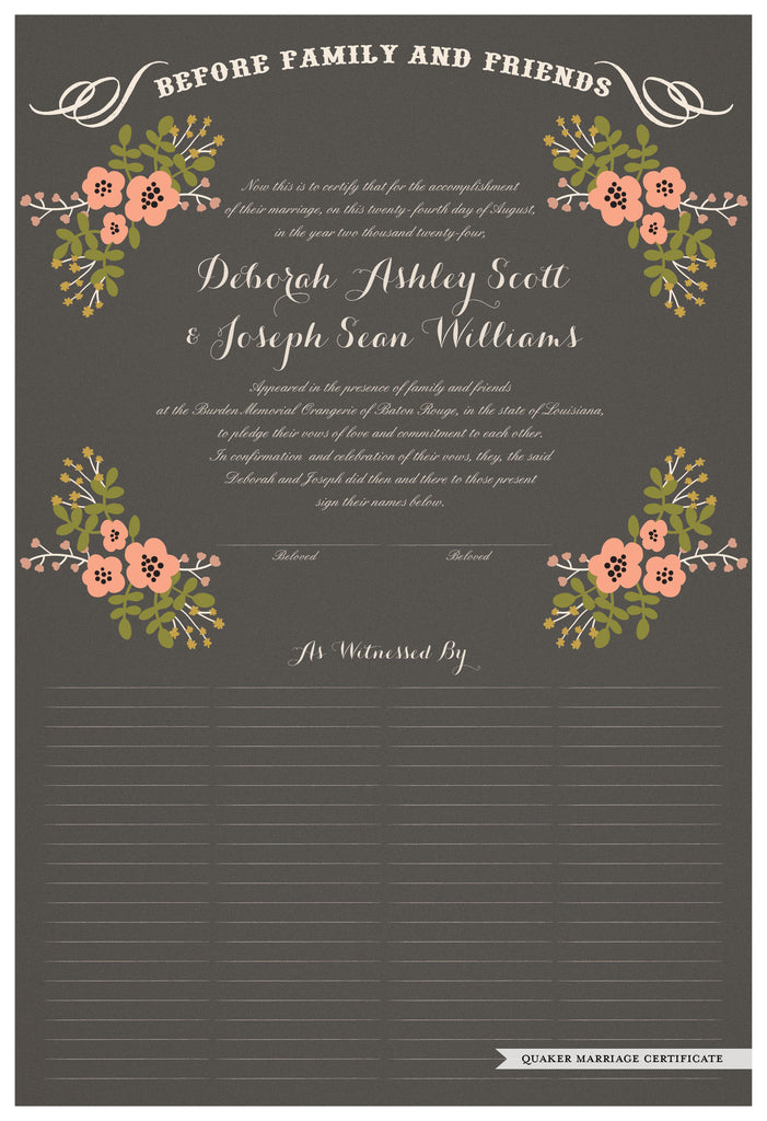 Quaker Marriage Certificate - Folk Garland (charcoal/tea pink flowers)