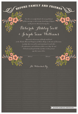 Quaker Marriage Certificate - Folk Garland (charcoal/tea pink flowers)