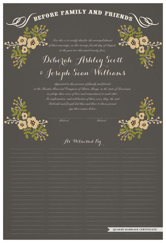 Quaker Marriage Certificate - Folk Garland (charcoal/vanilla flowers)