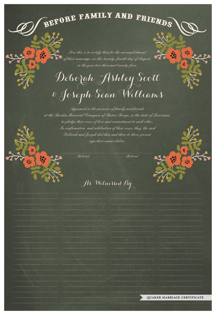 Quaker Marriage Certificate - Folk Garland (chalkboard moss/red flowers)