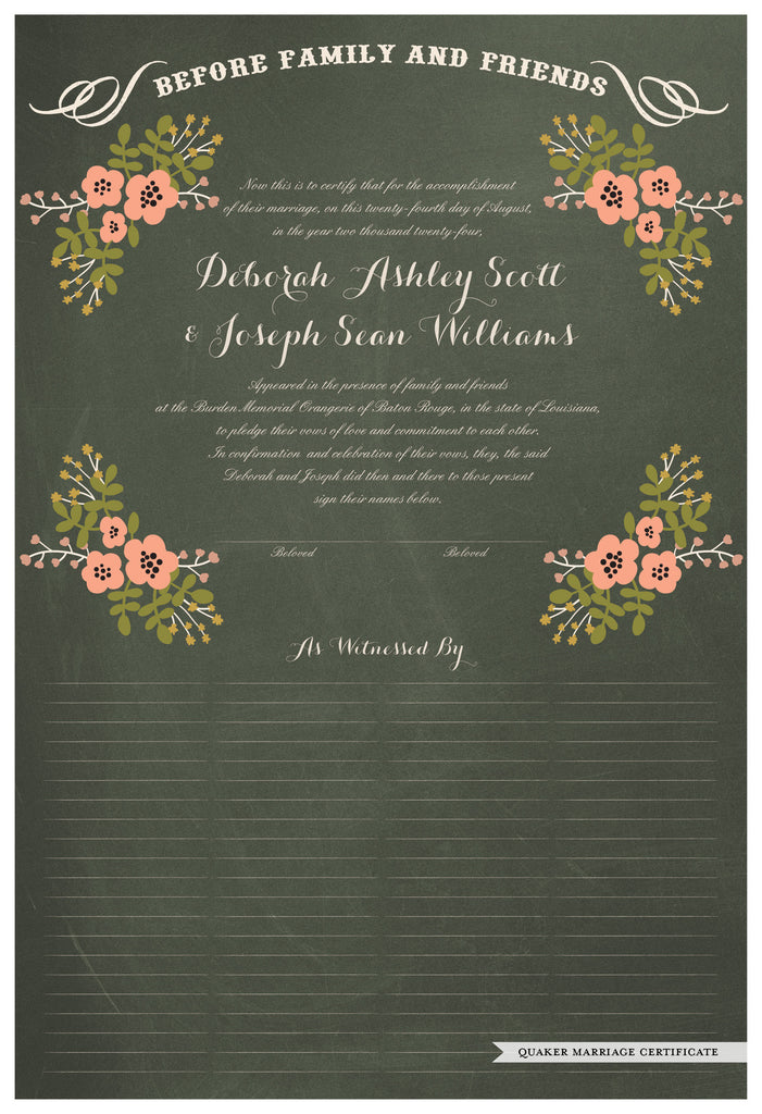 Quaker Marriage Certificate - Folk Garland (chalkboard moss/tea pink flowers)