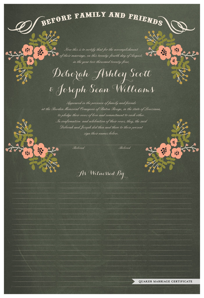 Quaker Marriage Certificate - Folk Garland (chalkboard moss/tea pink flowers)