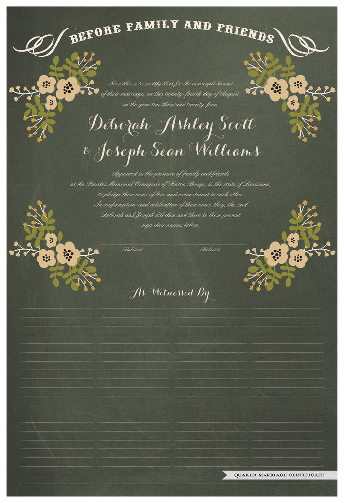 Quaker Marriage Certificate - Folk Garland (chalkboard moss/vanilla flowers)