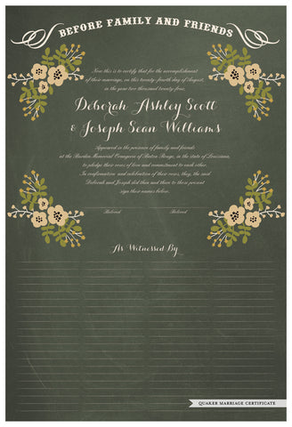 Quaker Marriage Certificate - Folk Garland (chalkboard moss/vanilla flowers)