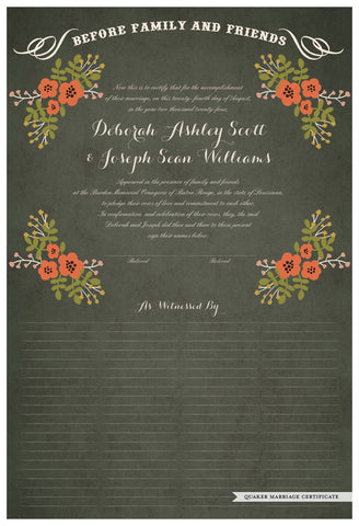 Quaker Marriage Certificate - Folk Garland (parchment moss/red flowers)