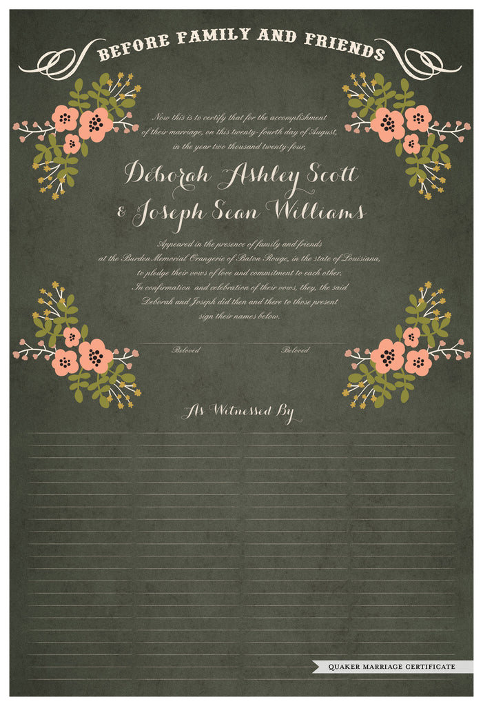 Quaker Marriage Certificate - Folk Garland (parchment moss/tea pink flowers)