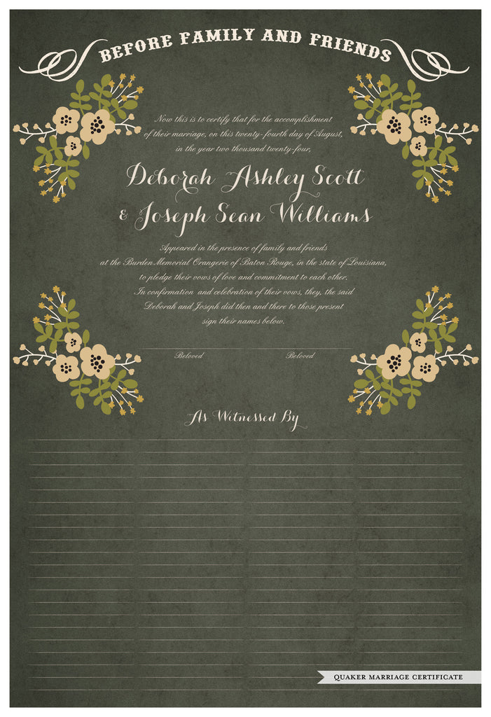 Quaker Marriage Certificate - Folk Garland (parchment moss/vanilla flowers)