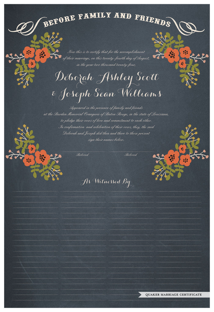 Quaker Marriage Certificate - Folk Garland (chalkboard slate blue/red flowers)