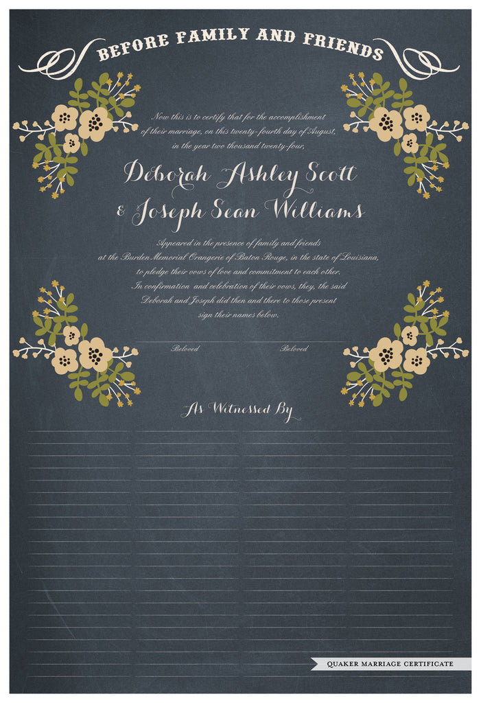 Quaker Marriage Certificate - Folk Garland (chalkboard slate blue/vanilla flowers)