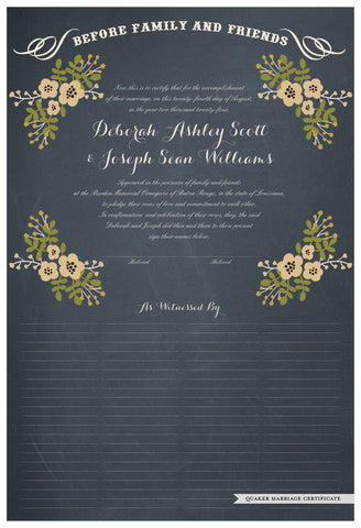 Quaker Marriage Certificate - Folk Garland (chalkboard slate blue/vanilla flowers)